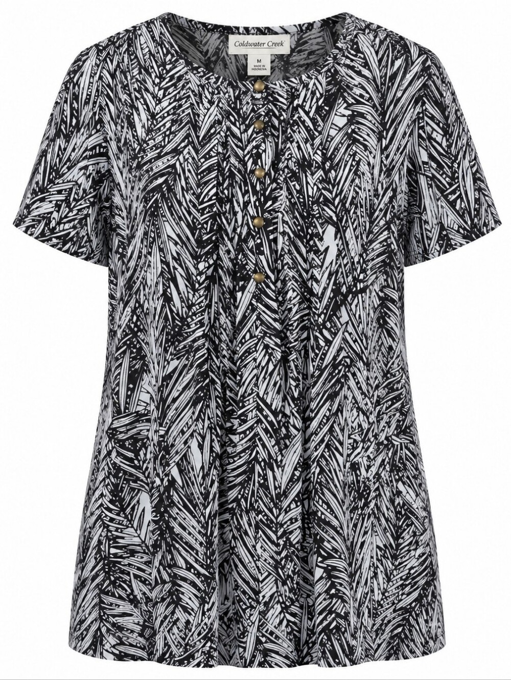 COLDWATER CREEK | Black White Palm Leaf Pleated Button Minimalist Tunic Top | M